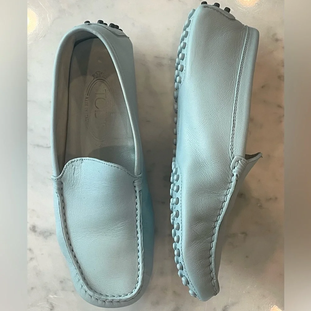 Tod's Leather Driving Loafer, plain front, light blue, redyed, sz7
